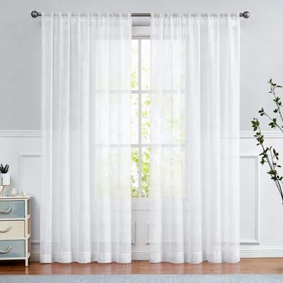 Voile-Vorhang mit Blatt-Stickerei, 130x225 cm, Weiß, 2er-Set
