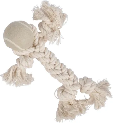 Produktbild von Hundespielzeug, Seil mit Knoten und einem Ball, 25 cm, natur
