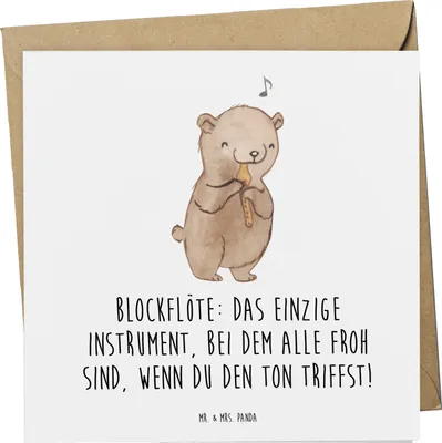 Produktbild von Mr. & Mrs. Panda Klappkarte Blockflöte Freude - Weiß - Geschenk, Musikinstrument, doppelkarte, Grußkarte, Lernen, faltkarte, Lernkurve, Sopranblockflöte, anlasskarte