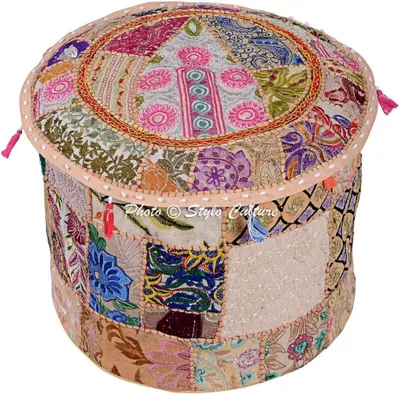 Image de Coussin patchwork en coton, beige, avec motif floral