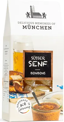 Produktbild von Edel Bonbons mit süßem Senf Geschmack in einer Giebelbox 80g