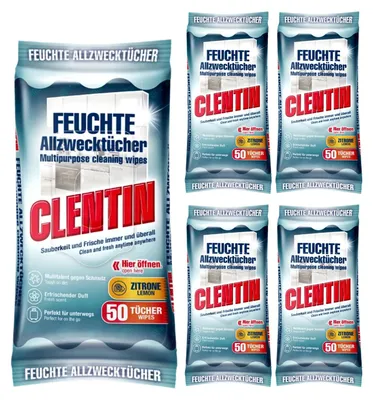 Produktbild von CLENTIN Feuchte Allzwecktücher 5 x 50 St Zitrone 5er Pack Streifenfrei, Fettlösend