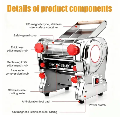 Image de Accessoire coupe-pâtes pour machine à pâtes - Machine à pâtes électrique - Acier inoxydable - 110 V - Compatible avec 180/220/240 V - Largeur des pâtes : 18/22/24 cm - Lavande