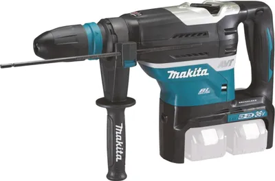 A cordless rotary hammer drill with two batteries attached.