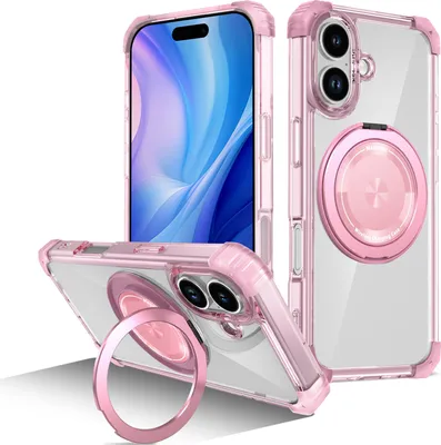 Immagine prodotto di Custodia per iPhone 17 supporto magnetico ad anello, supporto, compatibile MagSafe, protezione militare, custodia trasparente Rosa