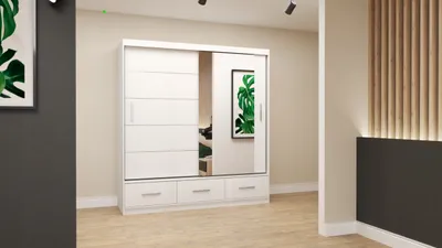 Produktbild von Easy4You Florence Weiß Schiebetürenschrank Kleiderschrank 203x218x61 cm mit Spiegel - Schlafzimmermöbel, Aufbewahrung – Mehrzweckschrank mit 3 Schubladen und 4 Kleiderstangen