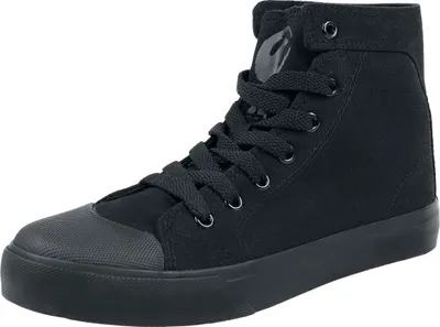 A black high-top sneaker is shown against a white background.