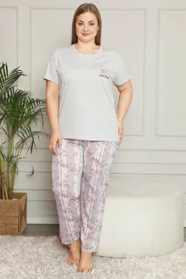 Produktbild von Damen Große Größen Pyjama Grau 2XL Kurz Baumwolle Schlafanzug 2-Teiler Set S-95