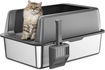 Productafbeelding van Kattenbak roestvrij staal XL - met deksel - 58 x 37 x 26 cm - hoge rand - voor grote katten - grijs