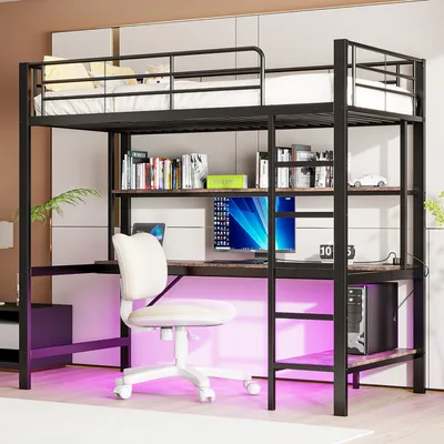 Obrázok produktu pre Flieks poschodová posteľ 90x200cm s funkciou nabíjania (USB a zásuvka), podkrovná posteľ kovová posteľ pre mladých s LED, detská posteľ jednolôžko s písacím stolom a policou