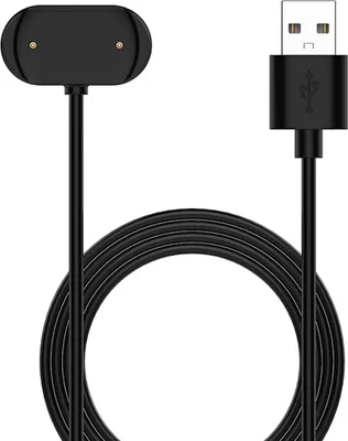 A black USB charging cable with a magnetic dock for a smartwatch.