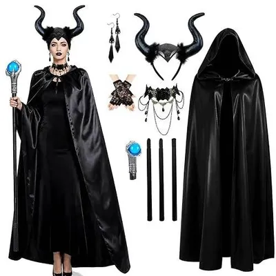 Zdjęcie produktu dla Kostium maleficent diabła peleryna kaptur różdżki rogi opaska gotyk