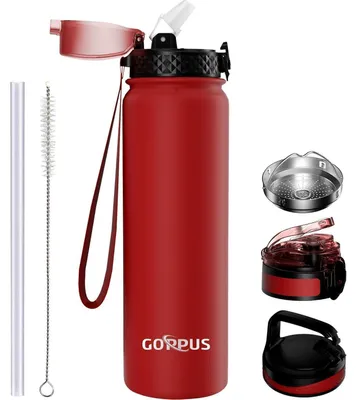 Produktbild von Thermosflasche mit Strohhalm 1L Rot Edelstahl Auslaufsicher BPA-frei