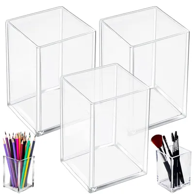 Produktbild von 3-teiliger Schreibtisch-Organizer mit Stiftehalter aus Acryl, transparentem Pinselhalter, Organizer für Schrein und Make-up-Pinsel (10,5 x 6,7 x 6,7 cm)