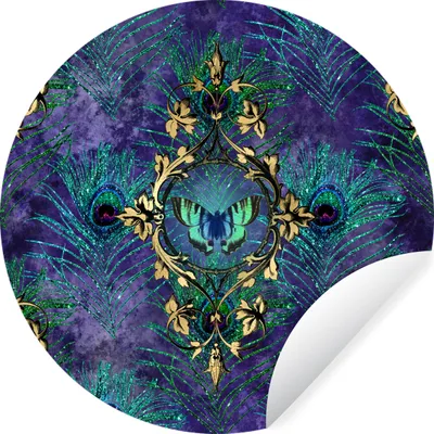 Produktbild von MuchoWow® Runde Wandtattoo - Wandsticker Tapete Aufkleber Muster - Pfauenfedern - Violett Ø 80 cm Selbstklebend und Repositionierbar - Wandaufkleber - Kreis - Mauerkreis - Wand Bilder - Wandsticker - Wohnzimmer Dekoration - Dekoration für die Wände - Aluminium - Babyzimmer