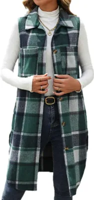 Produktbild von ASKSA Damen Lange Kariertes Weste Revers Frauen Winter Jacke Warm Baumwolle aermellos Tartan Freizeitjacke Winterweste (Gruen,M)