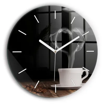 Produktbild von Wallfluent Große Wanduhr – Stilles Quarzuhrwerk - Uhr Dekoration Wohnzimmer Schlafzimmer Küche - Zifferblatt mit Striche - weiße Zeiger - 60 cm - Tasse mit heißem Kaffee