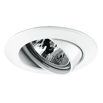 A white recessed spotlight with a silver interior, angled to show the bulb.
