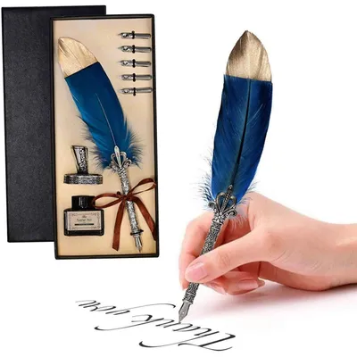 Produktbild von Federkiel Kalligraphie Stift Set mit 5 Edelstahlfedern, Tintenstift, Schreibkiel, Geschenkset