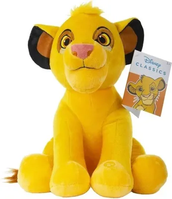 A plush toy of Simba from The Lion King sitting down, with a tag attached.