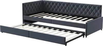 Obrázok produktu pre Rozkladacia pohovka – pohovka s vysúvacou posteľou – 90 x 200 cm – zamatový poťah – drevený rám – rošt – s úložným priestorom – sivá
