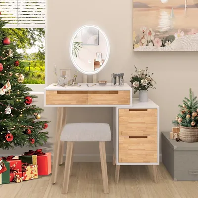 Obrázok produktu pre Toaletný stolík so zrkadlom LED a 4 zásuvkami, toaletný stolík do spálne, moderný