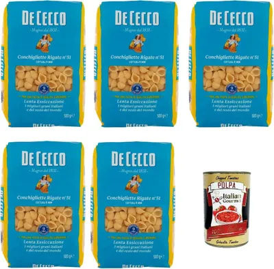 Produktbild von De Cecco Conchigliette Rigate N°51, 100% Italienisch Pasta Nudeln 5x 500g + Italian Gourmet Polpa 400g