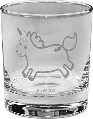 Produktbild von Mr. & Mrs. Panda Whiskyglas Einhorn Happy - Transparent - Geschenk, Einhörner, Unicorn, Tumbler, Glas, Whiskeyglas, Rocks, Spannend, Scotch, glücklich, Lebensfreude