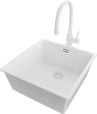 Produktbild von PRIMAGRAN Granitspüle Alles Weiß 46x47cm, Spülbecken 1 Becken + Küchenarmatur 38x14cm + Ablauf-Set, Küchenspüle ab 50er Unterschrank - London Slim