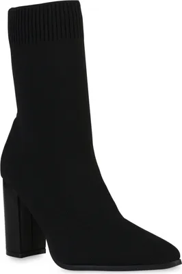 Produktbild von VAN HILL Damen Schlupfstiefeletten Stiefeletten Stiefel Blockabsatz Strick Schuhe 838159, Farbe: Schwarz, Größe: 39