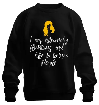 Productafbeelding van Ik ben erg flirterig en houd van humoristische, sarcastische opmerkingen. Uni sweatshirt, zwart, maat 3XL