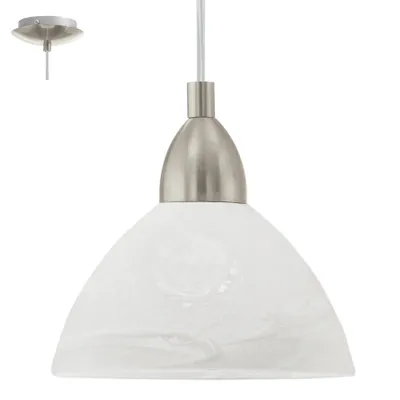 A pendant light fixture with a brushed metal top and a white, swirled glass shade. A separate ceiling mount is shown in the upper left corner.