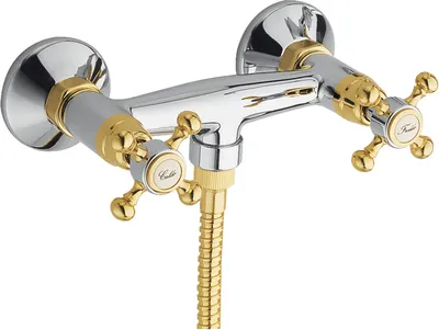 A close-up studio shot of a shower faucet.
