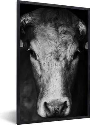 Produktbild von MuchoWow® Gerahmtes Poster Tiere - Kuh - Schwarz - Weiß - Kuhkopf 60x90 cm - Poster mit Schwarzem Bilderrahmen Wandposter Rahmen Foto Bilder - Kunst