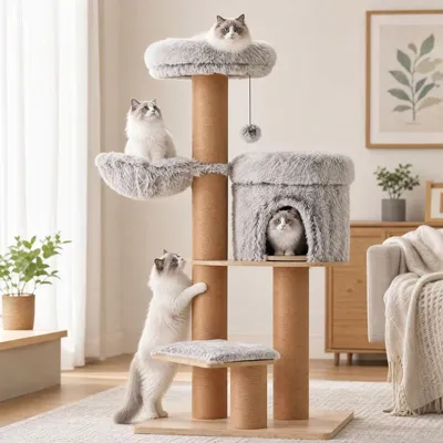 Katzenbaum 155 cm, 4 Ebenen, 6 Kratzstämme, abnehmbare Kissen, für große Katzen