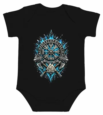 Imagen del producto de Body para bebé, color , con motivos vikingos: Vegvisir, lobo, hacha, Valknut, runas, motivos nórdicos, Valhalla, Odín, Thor. Talla: 6/12 meses