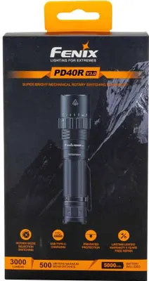 The image shows the retail packaging of a Fenix PD40R V3.0 flashlight.