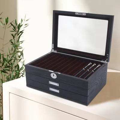 Image de Boîte de rangement en bois pour stylos, 12 emplacements, avec clé (3 couches)