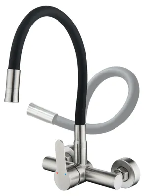 Imagen del producto de Grifo de cocina de montaje en pared, con caño flexible de 360°, en color níquel y , para la cocina