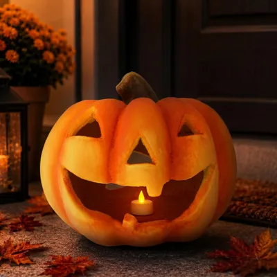 Produktbild von XXL Kürbis-Laterne als LED Halloween-Deko Windlicht in 27x23 cm