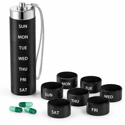 Produktbild von Wasserdichte Pillenbox aus Aluminium, 7 Fächer Tablettenbox für Reisen, Camping und Outdoor, robuste Medikamentendose mit Schlüsselanhänger