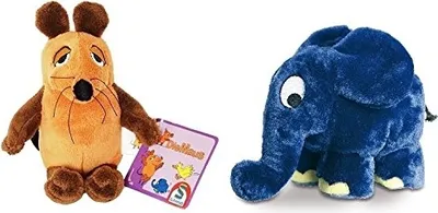 Two plush toys, a mouse and an elephant, are shown against a white background. The mouse is on the left, holding a tag with illustrations and text. The elephant is on the right.