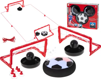A table-top air hockey and soccer game set with goals, hover pucks, and a hover ball, displayed on a white background. Packaging is visible in the top right corner.