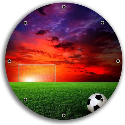 Produktbild von Wallario rundes Outdoor-Poster für Garten oder Balkon, Motiv Fußball - Fußballfeld bei Sonnenuntergang, 30 cm Durchmesser