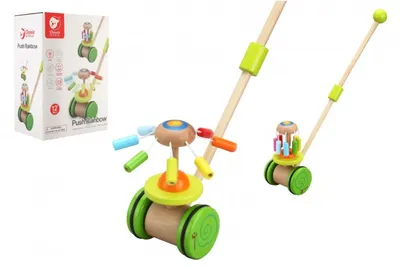 Obrázek produktu pro Strkadlo kolotoč tlačící duhový dřevo 50cm na kolečkách s tyčkou 12m+