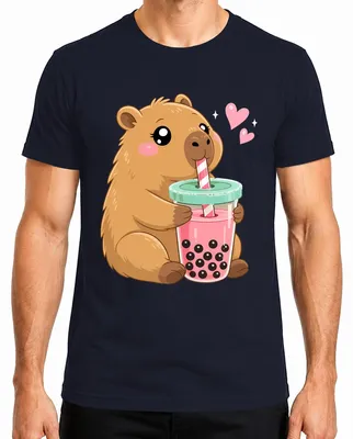 Obrázek produktu pro Tričko s potiskem "Kawaii Capybara Boba Bubble Tea Süß Japan Y2K Nagetier" pro muže, tmavě modré barvy, velikost 3XL
