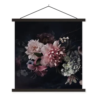 Produktbild von MuchoWow® Textilposter Blumen - Vintage - Pastell - Schwarz - Blumenstrauß 90x90 cm mit schwarzem Rahmen - Magnetisches