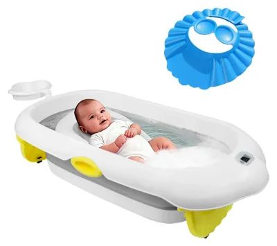 Produktbild von Faltbare Babybadewanne mit integriertem Thermometer, Badewannenständer und Shampookappe, leicht zu reinigen, geeignet für Dusche und Badewanne