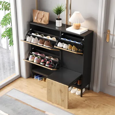 Image de Flieks Armoire à chaussures avec tabouret pliant, étagère à chaussures avec 3 abattants et surface de rangement ouverte, commode à chaussures pour l'entrée, noir + couleur bois