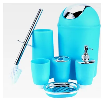 Produktbild von 6-teiliges Badezimmer-Zubehörset mit Seifenspender, Seifenschale, Zahnbürstenhalter, Spülbecher, WC-Bürstenhalter und Mülleimer